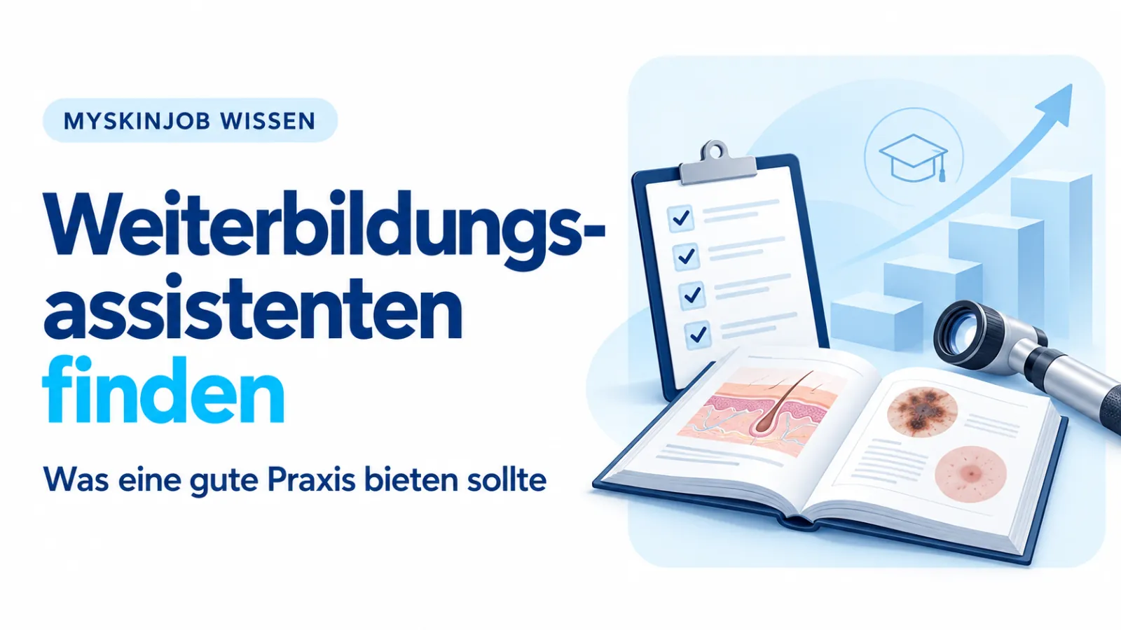 Titelgrafik von MYSKINJOB Wissen zum Thema „Weiterbildungsassistenten finden – Was eine gute Praxis bieten sollte“. Rechts sind ein Weiterbildungsplan mit Häkchen, ein aufgeschlagenes dermatologisches
